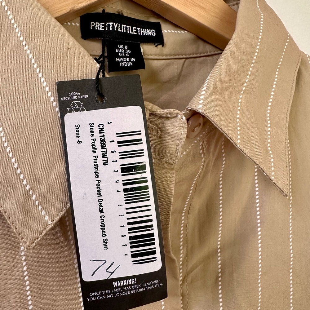 Prettylittlething STONE POPLIN PINSTRIPE POCKET DETAIL CROPPED SHIRT NWT 4 - Picture 8 of 11